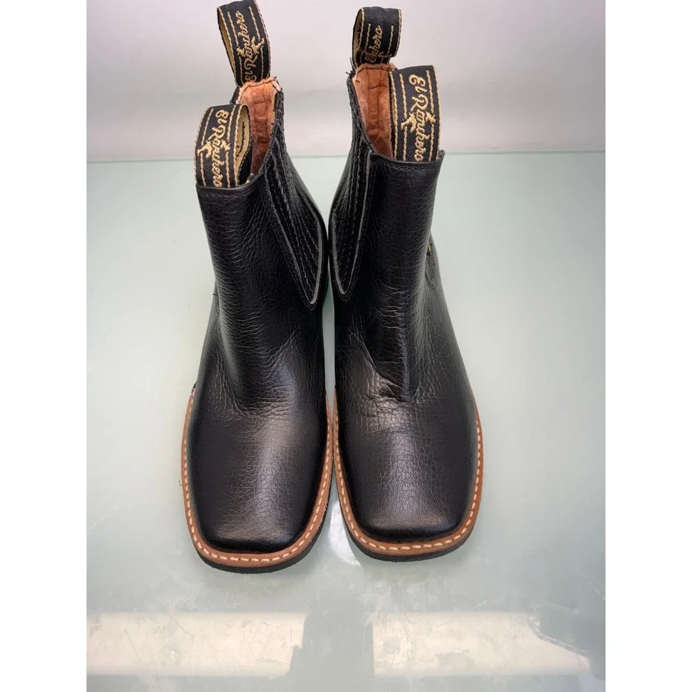 El‎ Ranchero Square Toe Chelsea Ankle Boots Black Leather Western Cowboy Sz 7